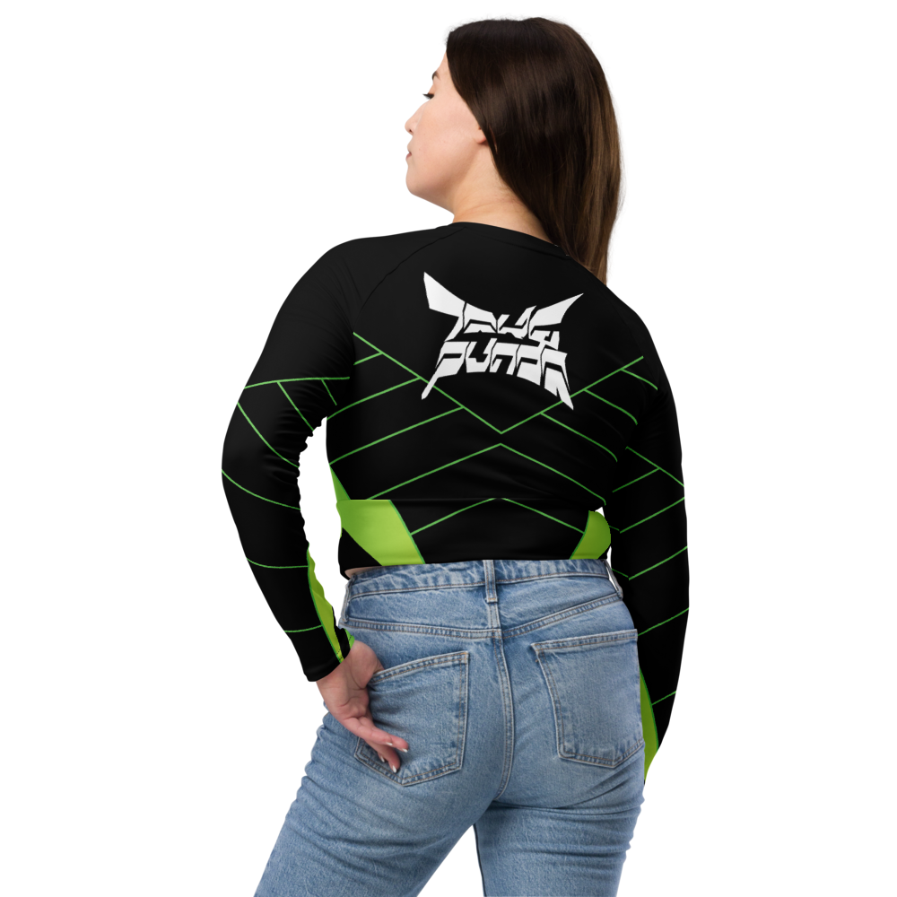 Women's RAVE PVNDA long-sleeve crop top. small front logo Large back logo