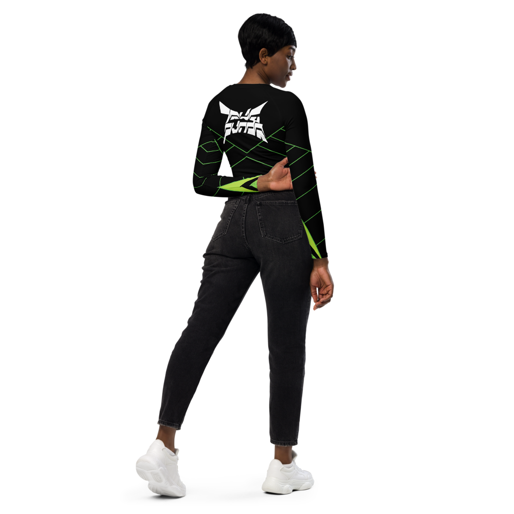 Women's RAVE PVNDA long-sleeve crop top. small front logo Large back logo